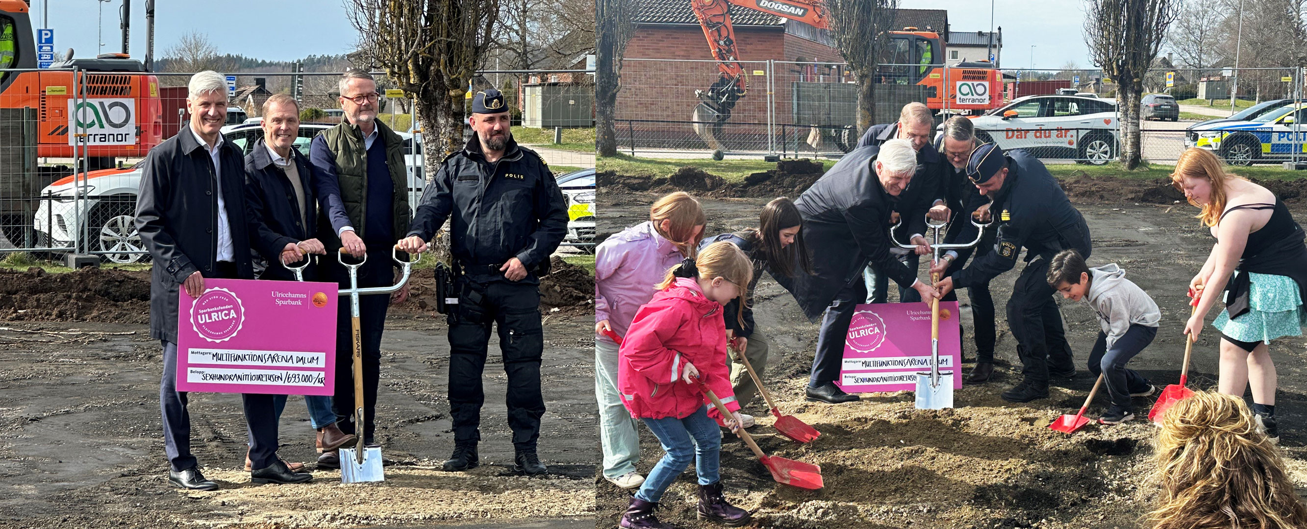 Tre män och en polis håller i en spade, tittar in i kameran och ler